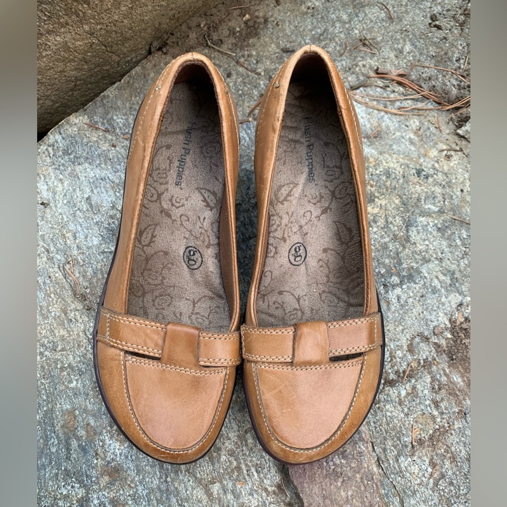 Leather Tan Mary Jane Comfort Ballet Flat Loafers Womens Size 5.5 Hush Puppies